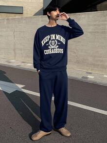 DAZY Men's Letter Print Thermal Lined Crew Neck Sweatshirt Set, Navy Blue, Autumn/Winter