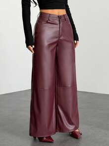 SHEIN PETITE Women's Burgundy Red Leather Women Pants Plain Front-Button Minimalist Casual Pants, Daily Wear,Women Bottoms - Burgundy - View 7