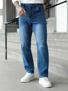 Manfinity Homme Men's Straight Loose Casual Versatile Jeans With Pockets - Blue - View 5