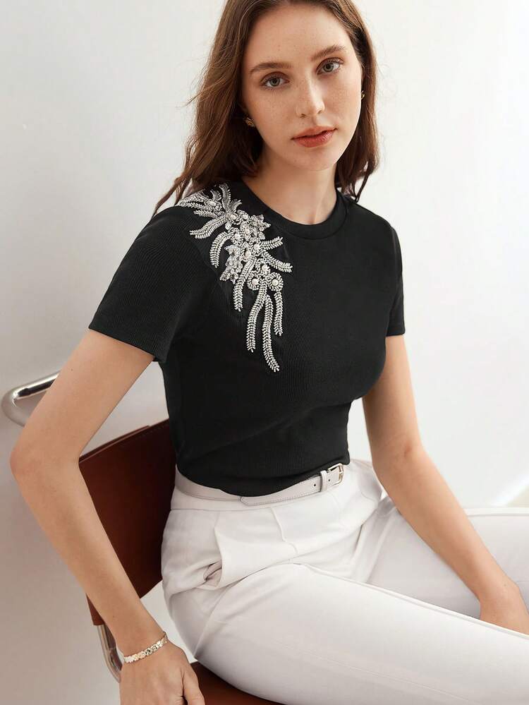 WOMEN'S PEARL BEADED DECORATED T-SHIRT,SUMMER OUTFITS