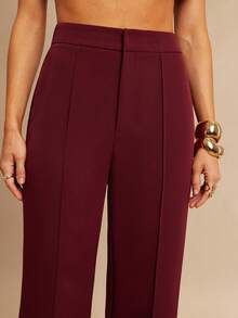 Silquee Celana Panjang Wanita Warna Burgundy Pinggang Tinggi Model Lurus, Celana Panjang Longgar Bergaris-garis Polos Elegan Musim Gugur untuk Makan Malam, Perjalanan, dan Acara Pernikahan - Burgundy - View 7