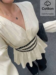 Siren Gaze 女式深V领收腰铆钉装饰长袖衬衫 - 杏色 - 查看 4