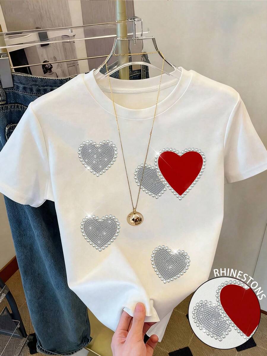 Resyla Heart Print Rhinestone Decor Casual Women Short Sleeve Round Neck T-Shirt, A Gift For Friends - White - View 1
