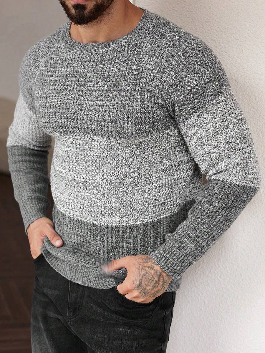 Manfinity Homme 男士长袖撞色圆领休闲套头毛衣上衣 男士套头衫 - 彩色 - 查看 1