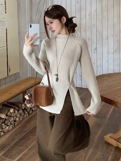 DAZY 女士高领优雅开衩下摆纯色长袖毛衣，秋冬款