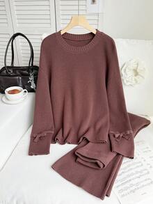 Teen Girl Solid Color Round Neck Bow Decor Sweater & Knit Pants Cute Set,Korean Brown Outfits For Back-To-School Burgundy Autumn Holiday Cute - Coffee Brown - View 7