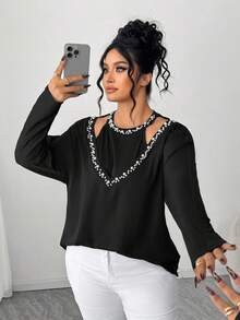 Elenzga Große Größen Elegantes langärmliges figurbetontes Shirt mit Perlenverzierung in Schwarz für Damen, ideal für Ausgehen - Schwarz - Übersicht 5