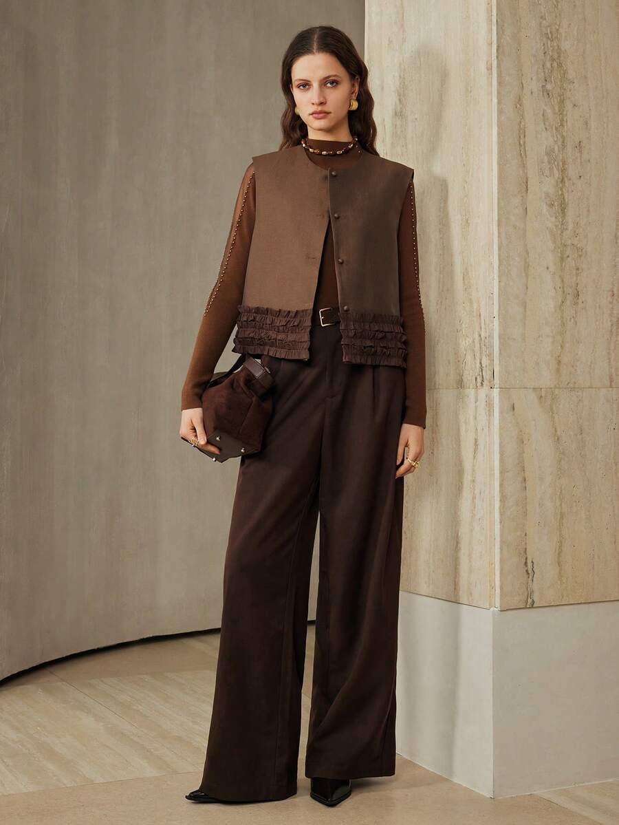 Revavyn 女士纯色圆领露肩荷叶边花卉休闲通勤背心 - 棕色 - 查看 1