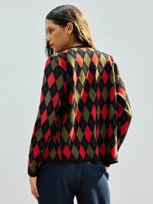 Maija 女士百搭格纹交叉针织几何图案开衫，适合通勤、商务、休闲、办公穿着，优雅女士服饰，冬季毛衣，圣诞节、新年派对，百搭外套 - 彩色 - 查看 3