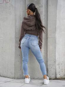 SAYEHFBABY 灯笼袖撞色滚边收腰连帽运动衫休闲装、机场装、家居服、返校装、秋季圣诞休闲装冬季 - 棕色 - 查看 2