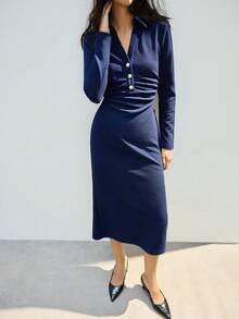 Maija Women's Solid Color Long Sleeve Button Half Placket Pleated Casual Mid-Length Dress - Navy Blue - View 6