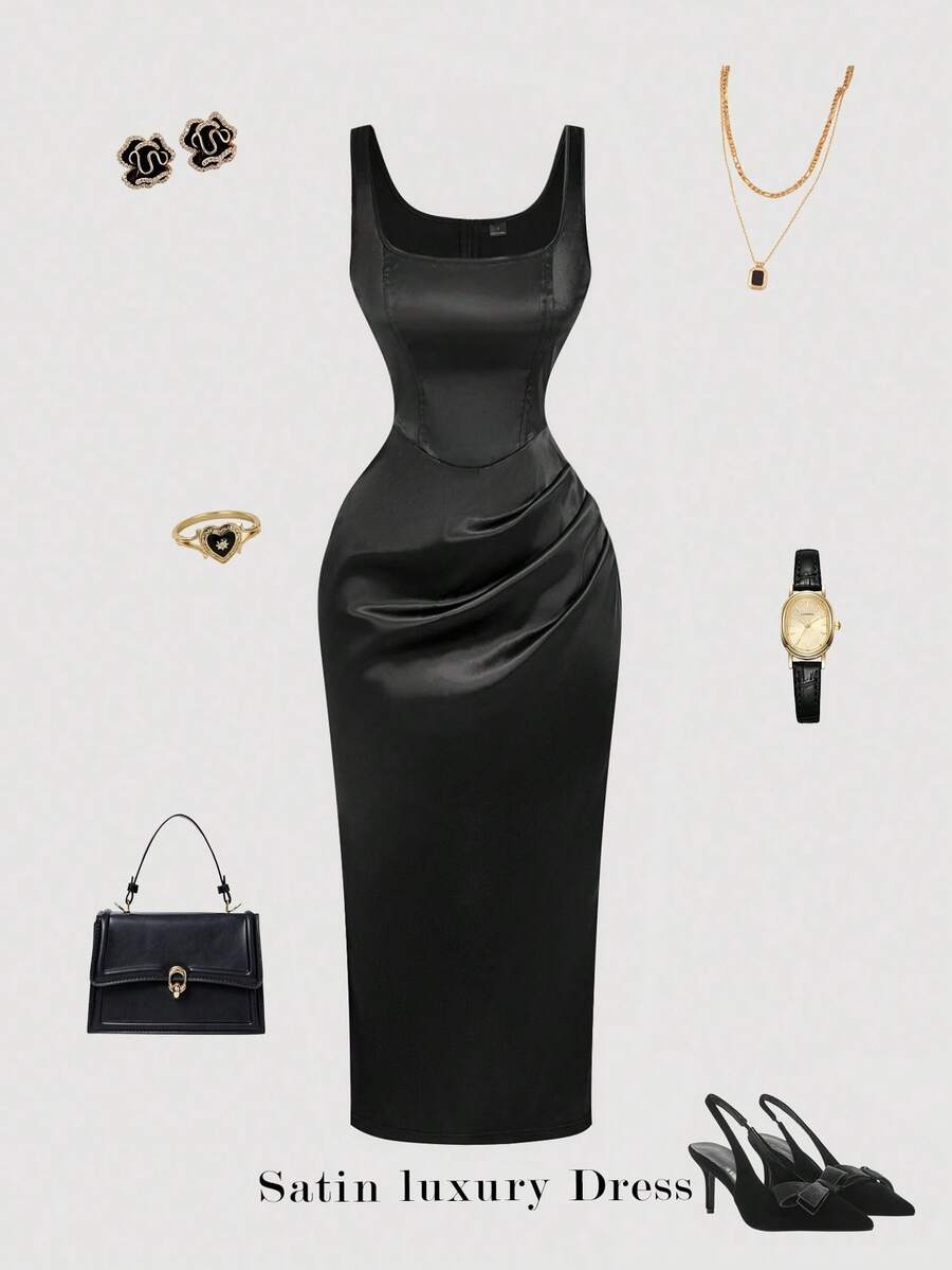 SHEIN MOD Váy dài đến giữa lưng bằng vải satin đen dành cho nữ - màu đen - Xem 1