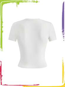 Teletubbies X ROMWE Áo thun cổ tròn tay ngắn họa tiết hoạt hình và chữ cái thường ngày dành cho nữ, mùa hè - trắng - Xem 2