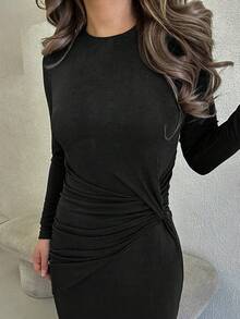 Jemour 女士优雅派对弹力面料双层面料优质卡其色扭纹设计秋冬长袖圆领连衣裙，适合日常通勤，可内穿或外穿，感恩节、圣诞节、新年前夜装 - 黑色 - 查看 3