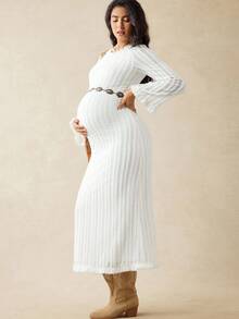 SHEIN Elegant White Silky Maternity Solid Color Bell Sleeve Dress,Autumn Pregnancy Clothes For Photoshoot,Holiday Wedding Guest New Year Winter Dress - White - View 4