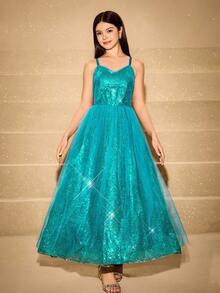 Elegant Sequin Strap Dress For Teenagers, Suitable For Prom, Performance, Banquet, Reception, Art Exhibition, Fashion Events - Green - View 3