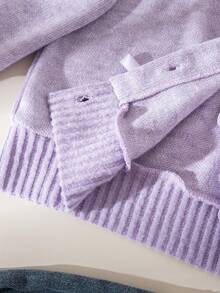 Genkimix Kids 韩版简约蝴蝶结撞色长袖开衫，搭配喇叭开衩牛仔裤，秋季穿搭 - 紫色 - 查看 5