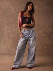 SHEIN BAE 女士夏季黑色休闲串珠石榴刺绣背心/黑色上衣/春假/图案T恤/沙滩装/闪亮上衣/外出上衣 - 黑色 - 查看 5