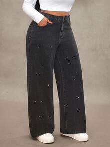 Truni Plus Size High Waist Pockets Casual Straight Loose Fit Versatile Jeans, For Pear Triangle Body Shape - Black - View 4