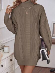 SHEIN LUNE Váy len dệt kim ngắn cổ lọ thời trang thu đông dành cho nữ - Màu nâu Sô-cô-la - Xem 3