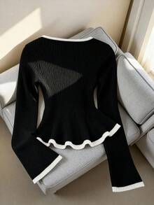 Franclia 方领修身长袖毛衣，秋冬款 - 黑與白 - 查看 2