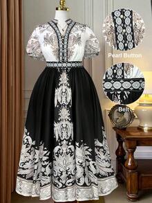 Rometta 大码女式印花立领泡泡袖连衣裙，度假款 - 黑與白 - 查看 1