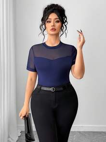 Elenzga Plus Size Women Solid Color Mesh Patchwork Round Neck Short Sleeve Fitted T-Shirt - Navy Blue - View 5