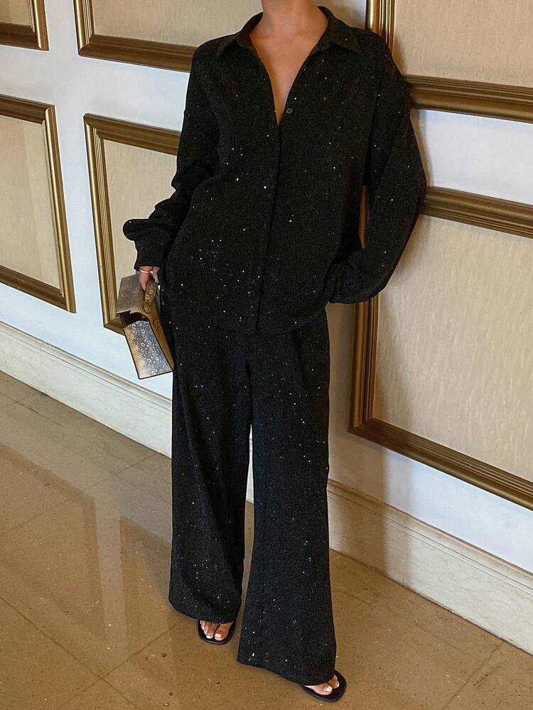 Tall Women's Loose Sequin Blouse And Straight Leg Pants 2 Pieces Casual Set