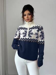 SHEIN Elenzya Áo len nữ thanh lịch, họa tiết Fair Isle, áo len khóa kéo nhiều màu, họa tiết Giáng sinh, áo len thu/đông - Màu xanh hải quân - Xem 5