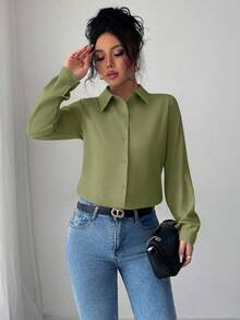 Elenzga Áo sơ mi dài tay trơn màu giản dị, mùa thu - Màu xanh Ô liu - Xem 3