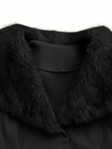 Lyrianda معطف صوفي مقاس كبير للنساء مع طوق من الفرو الاصطناعي ومرقع الخصر - الأسود - مشاهدة 3
