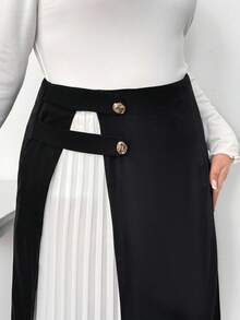 Truni 大码女式百褶黑白撞色半身裙，金属扣细节/秋冬 - 黑與白 - 查看 5