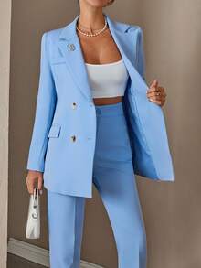 SHEIN Cottnline Women Solid Color Suit Sets Blazer Jacket And Pants Rhinestone And Button Front Detailed - Baby Blue - View 7