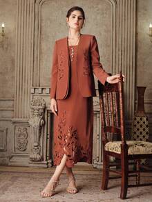 Anewsta Bộ trang phục thanh lịch 2 mảnh dành cho nữ: Áo khoác blazer thêu khoét lỗ và váy, thích hợp cho tiệc tùng, công sở sang trọng, lễ tốt nghiệp, đám cưới, váy đỏ. - Rỉ Nâu - Xem 3