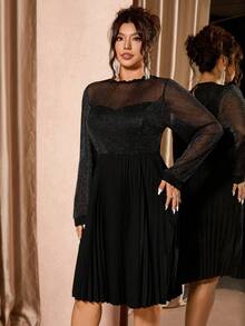 Cravure Plus Size Women's High-End Round Neck Ruffle Hem Pleated Waist Vintage Luxurious Elegant Party Dress Black Elegant Dress Plus Size Cocktail Dress Long Sleeve Elegant Dress Plus Size Elegant Dress - Black - View 3