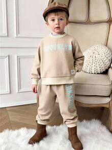 PrepCrw 2pcs/Set Boys' Collegiate Style Letter Print Long Sleeve Sweatshirt And Sweatpants Set - Khaki - View 7