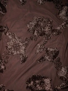 Lavishia 女士花卉提花褶裥修身中长连衣裙，优雅圆领短袖 - 咖啡 - 查看 3