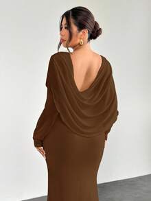 Firerie Đầm dài tay cổ bèo nhún lưới co giãn, thoải mái, thanh lịch cỡ lớn, dành cho tiệc tùng, tụ tập, hẹn hò, khiêu vũ, ngày lễ, tiệc trà chiều cao cấp, thu đông - màu nâu - Xem 2