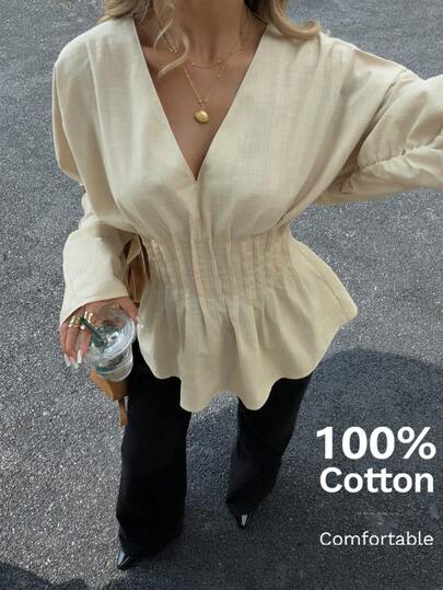 Siren Gaze Women's Solid Color Pleated Waist Long Sleeve Blouse, Slim Fit Casual Commuter Shirt Winter Spring