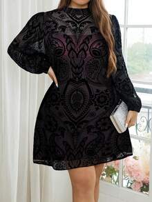 SHEIN Privé Plus Size Elegant Flocked Placement Print Fitted Short A-Line Long Sleeve Sheer Dress/Christmas Dress Jacquard Dress Breezaya Dress Plus Size Paisley Print Dress Embroidered Dress Plus Size Black Lace Dress Plus - Burgundy - View 3