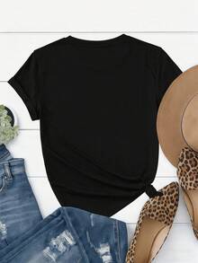 豹纹十字图案短袖T恤，休闲夏季款 - 黑色 - 查看 2
