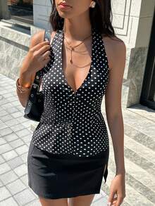 SHEIN Swim Fashionable Sexy Polka Dot Halter Backless Top - Black - View 4