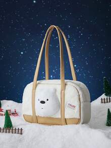 We Bare Bears X SHEIN 1 Túi tote vải nhung chắp vá thời trang màu kaki dung tích lớn - Màu Khaki - Xem 5