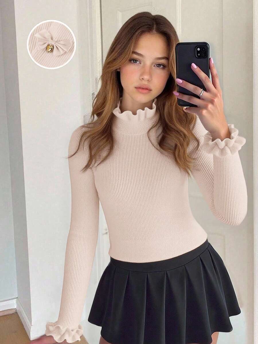 SHEIN 少女可爱休闲百搭长袖针织衫，秋冬季 - 杏色 - 查看 1