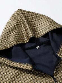 ROMWE MEN Men's Casual Plaid Zip-Up Hoodie, Spring/Autumn - Brown - View 3