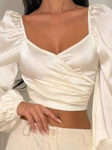 Ronhire Elegantes Damen Wickelshirt mit Laternärmeln in Unifarbe, Frühling/Sommer - Weiss - Übersicht 4