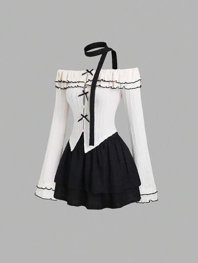 Sweetra 女士优雅多巴胺两件套，包括蝴蝶结荷叶边露肩蕾丝上衣和迷你裙，秋冬款