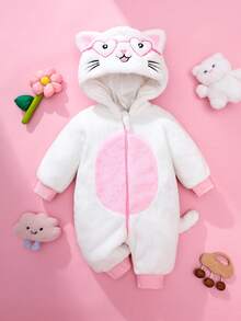 Newborn Cute Cat Embroidery 3D Plush Long Sleeve Jumpsuit Outfit