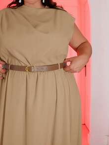 Pretty and Ole 大码女式纯色无袖连衣裙，优雅办公室连衣裙（配腰带） - 卡其色 - 查看 3