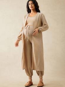 SHEIN Maternity Lantern Sleeve Long Jacket, Cropped Tank Top And Jogger Pants Casual 3-Piece Set, Autumn  Beach Set - Apricot - View 6